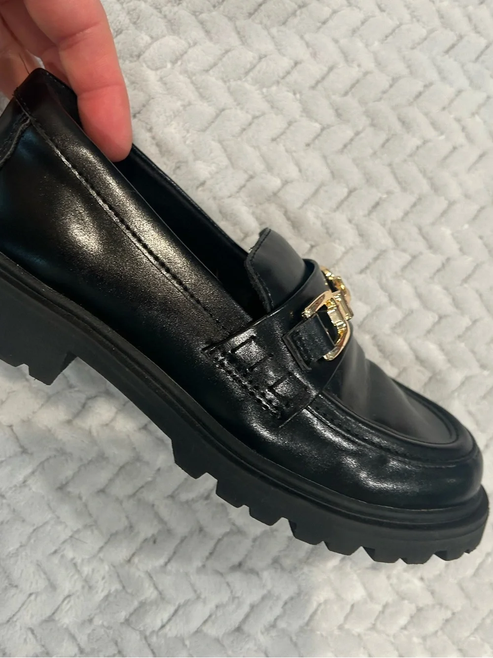 Zara Black Leather Loafers with Gold Buckle Detail